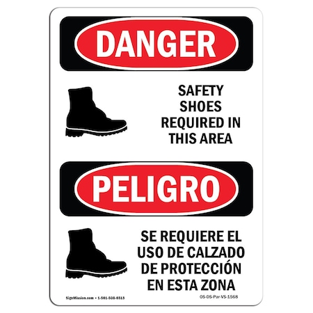 OSHA Danger, Safety Shoes Required Area Symbol Bilingual, 5in X 3.5in Decal, 10PK